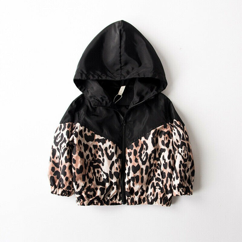 I bambini Del Bambino Delle Ragazze del Rivestimento Della Stampa Del Leopardo Della Rappezzatura Con Cappuccio Della Chiusura Lampo casual Cappotto di Autunno Outwear 1-7T