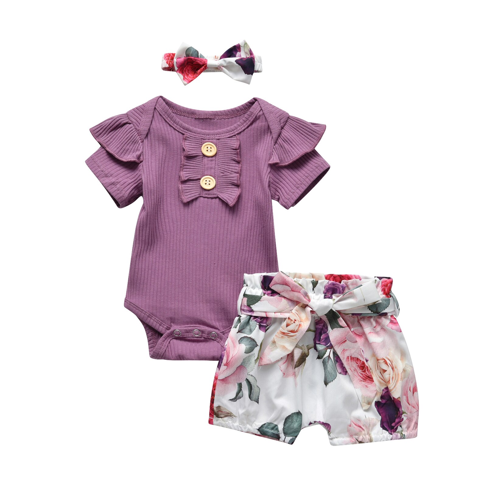 3 -teiliges sommer-kleidungsset für mädchen: einfarbiger kurzarmbody für neugeborene + kurze Hose mit blumenmuster + stirnband: Weiß / 6m