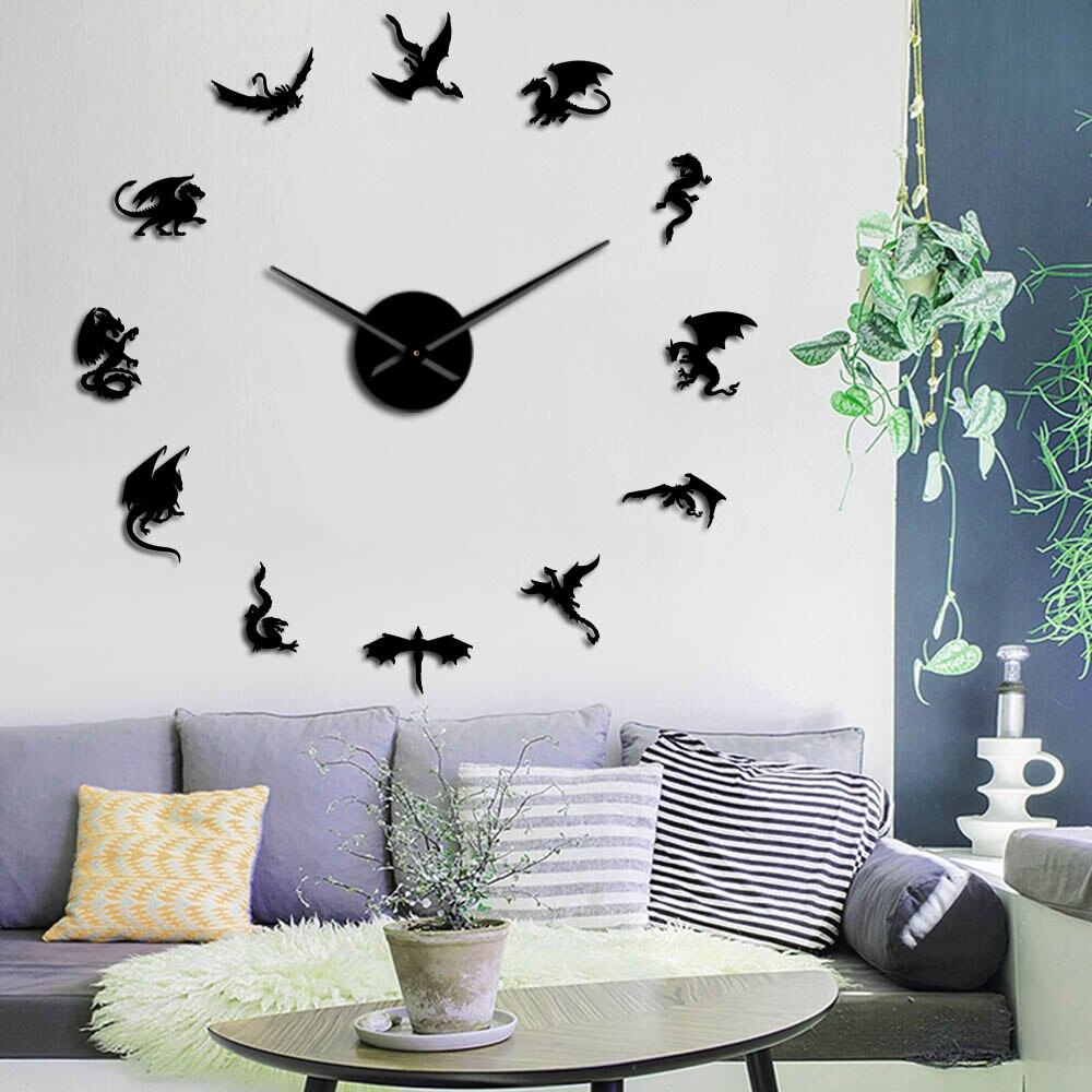 Black Evil Dragon Mirror Sticker DIY Large Wall Clock Medieval Mythical Dragon Silent Giant Watch Fiction Fantasy Wall Decor