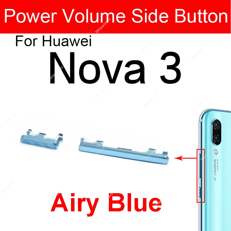 Botones de volumen de encendido y apagado lateral para Huawei Nova 3, 4, 3i, 3e, 4e, subir y bajar volumen, Nova 3, 4, teclas laterales de alimentación, piezas de repuesto: Azul