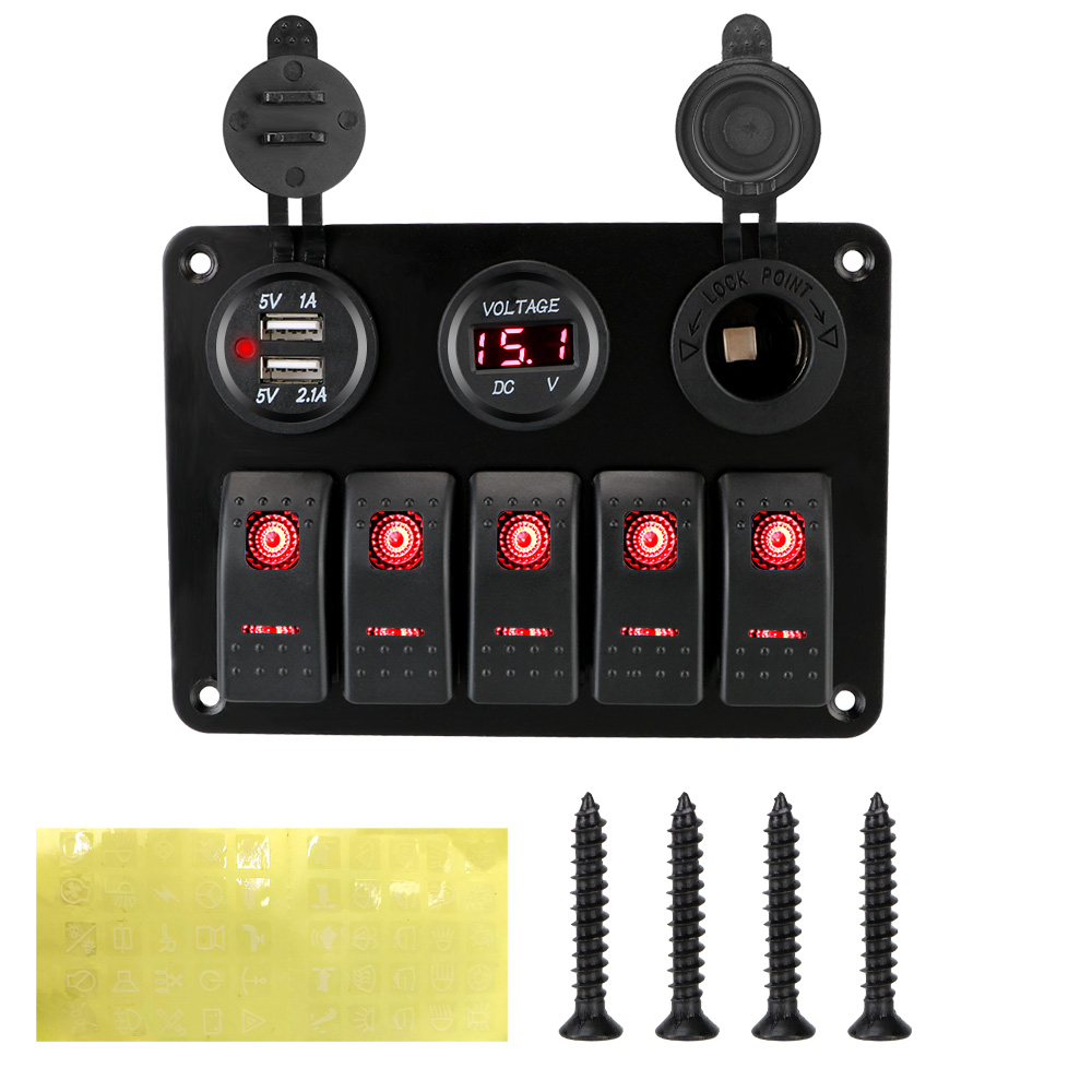 Digital spenning dobbel usb-spor stikkontakt vanntett 5- gangs led vippebryterpanel 12/24v uttak kombinasjon med sikring: Rød