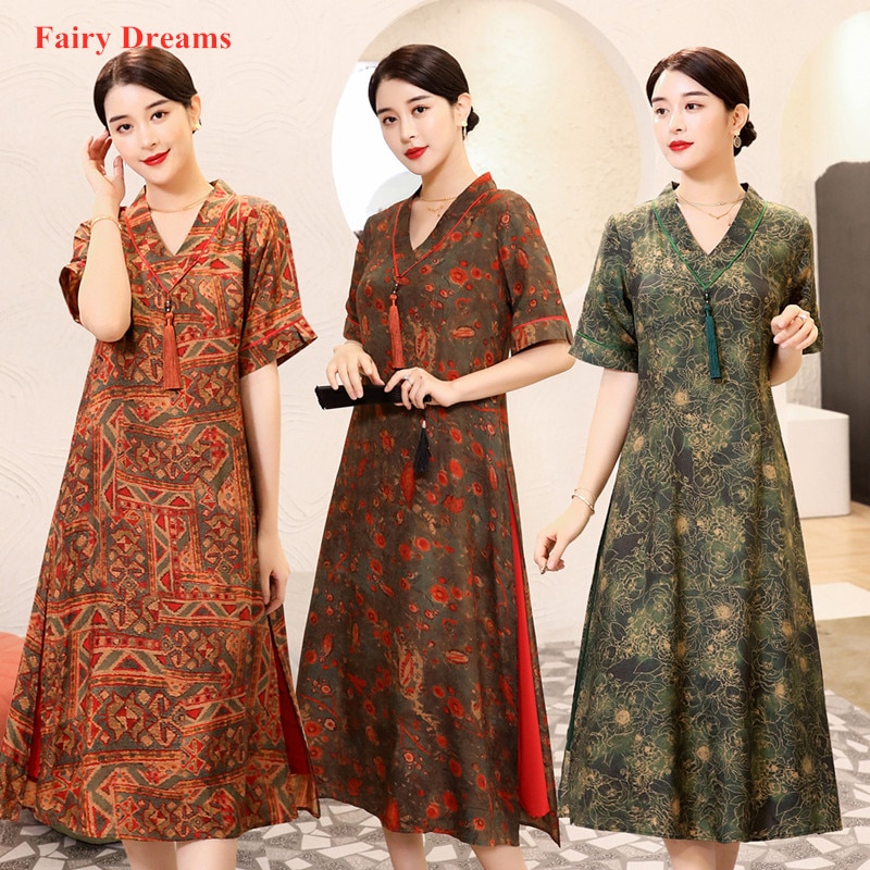 Vestido chino Cheongsam de mujer impresión moderna de manga corta Vestidos Midi señoras Ropa de talla grande 4XL Vestidos Chinos