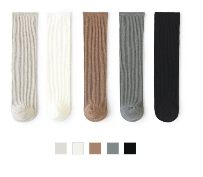 Autumn solid color knee-length cotton knitted socks sets 0-8 years baby girls all-match base socks 5 pairs set: M (5-8 years )