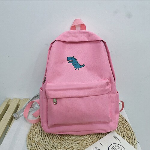 Coreano lona mochila estudante para meninas adolescentes mochila de viagem grande capacidade bonito dos desenhos animados dinossauro imprimir mochila casual: pink