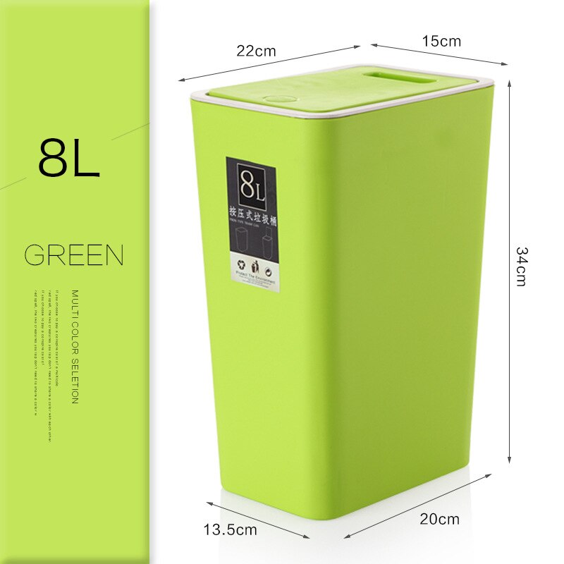 8L de basura de plástico estrecha tipo de prensa cocina, aseo residuos Bin habitación cuarto de baño cesto con tapa cubo basura doméstico: Ljt-8 Green 8L