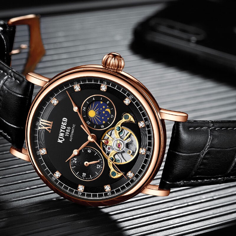 KINYUED-reloj con movimiento mecánico para hombre, Tourbillon, automático, esqueleto hueco, de negocios, reloj luminoso resistente al agua, J053