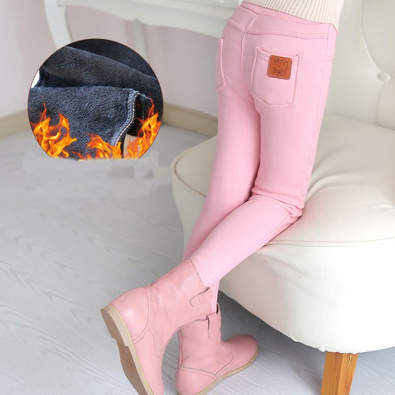 Tjejer tjocka varma leggings höst vinter barn pennbyxor skinny fleece byxor för tjejer barn byxor 3-12 år: Rosa / 12