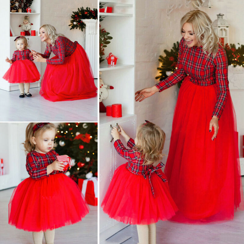 Women Baby Girls Family Matching Clothes Mother Daughter Lace Tulle Red Dress Princess Plaid Mesh Splice Dress Wedding Ball Gown