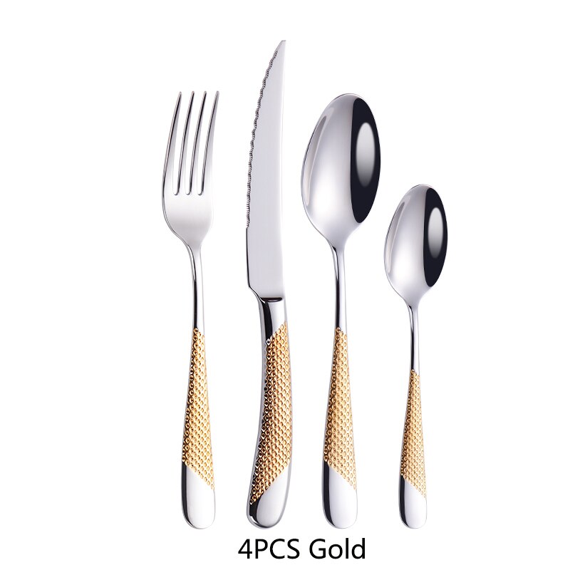 304 Stainless Steel Luxury Flatware Cutlery Set Silver Kitchen Tableware Set Dinnerware Fork Spoon Knife Western Gold Dinner Set: 4pcs Gold
