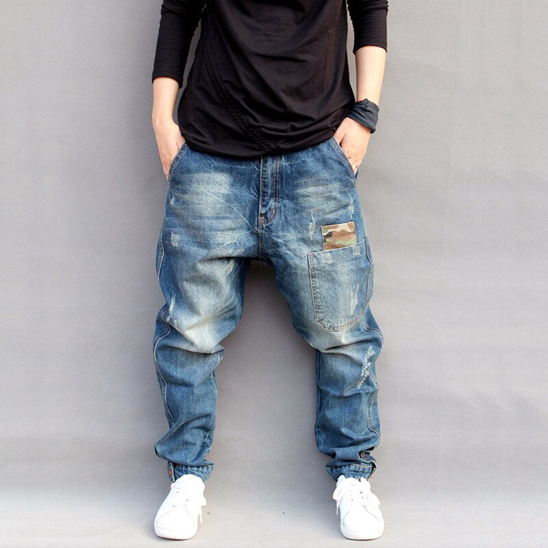 Lugentolo-pantalones vaqueros bombachos para hombre, de estilo Hip Hop, medio suelto, con cremallera, largo de talla grande bajo ajustado, Vaqueros rasgados para hombres: XXXL