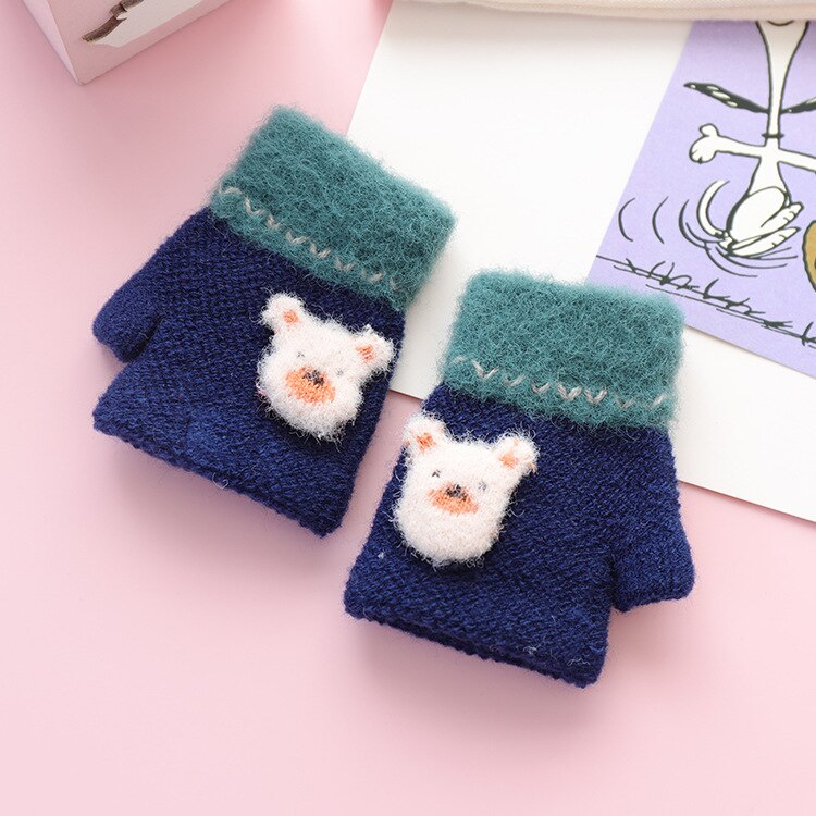 For 1~3Y baby infant Winter half finger knitted gloves rabbit knit warm half fingerless gloves for little baby child: dark blue