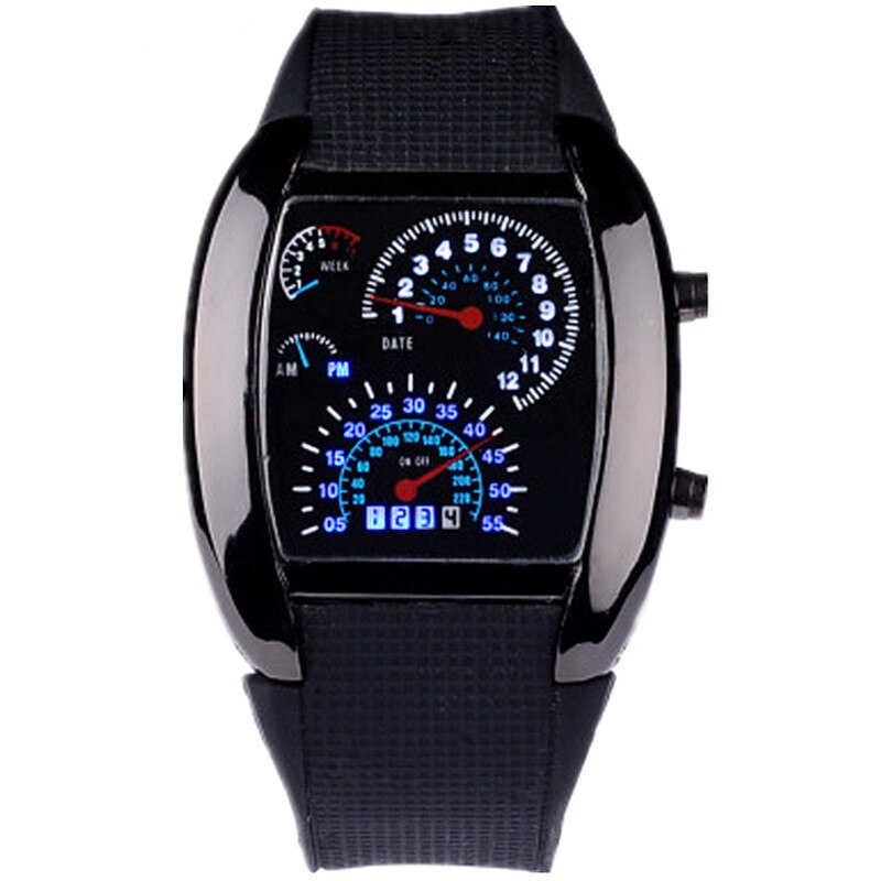 Flash azul LED Turbo RPM para hombre, reloj de Dial para coche deportivo, negro completo, de acero inoxidable, rectangular, medidor de aire