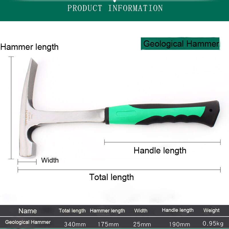 High Carbon Steel Geological Hammer Flat Hammer Shock Reduction Handle Escape Hammer Rock Mineral Exploration Hammer Hand Tools