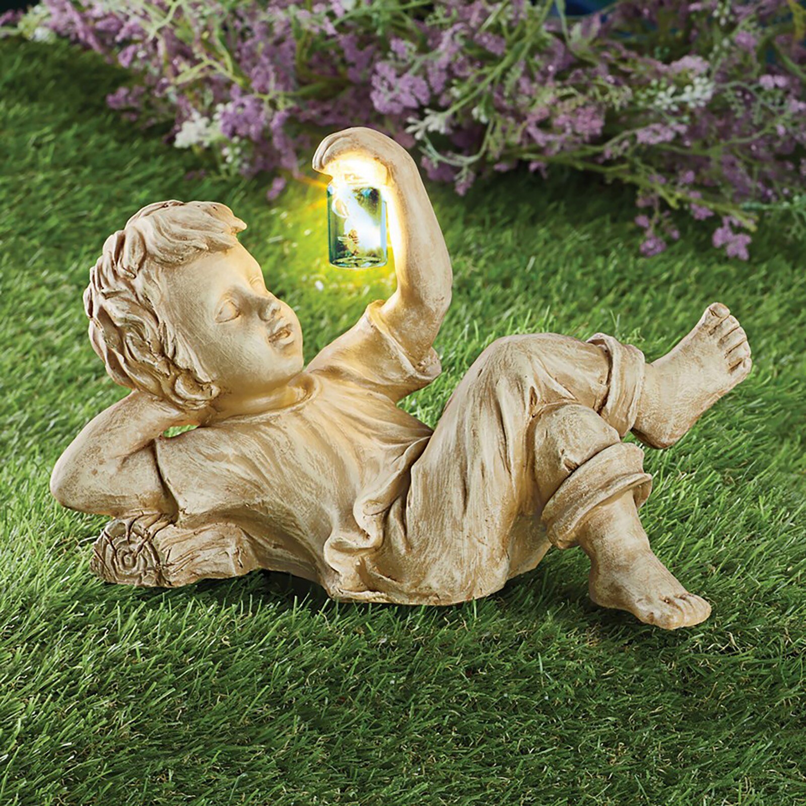 A Kid With Solar Fireflies Garden Statue Resin Jar Boy Girl Statue Whimsical Flowerbed Yard Lawn Outdoor Sculpture Decor: B