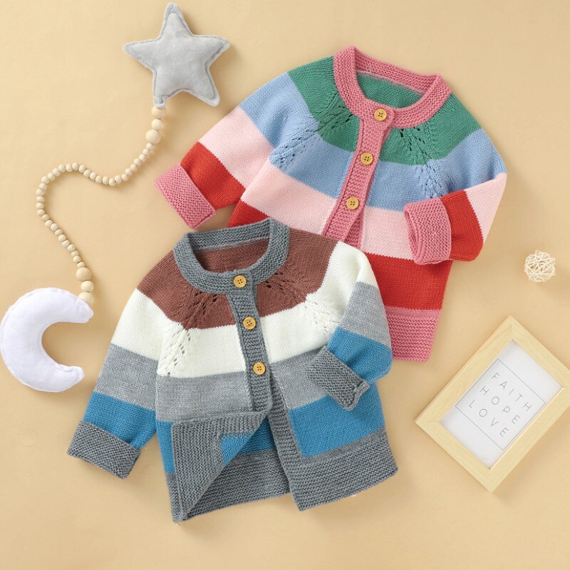 Herfst Peuters Gebreide Vest, Meisjes Rainbow Strepen Ronde Kraag Lange Mouw Single-Breasted Uitloper Casual Tops