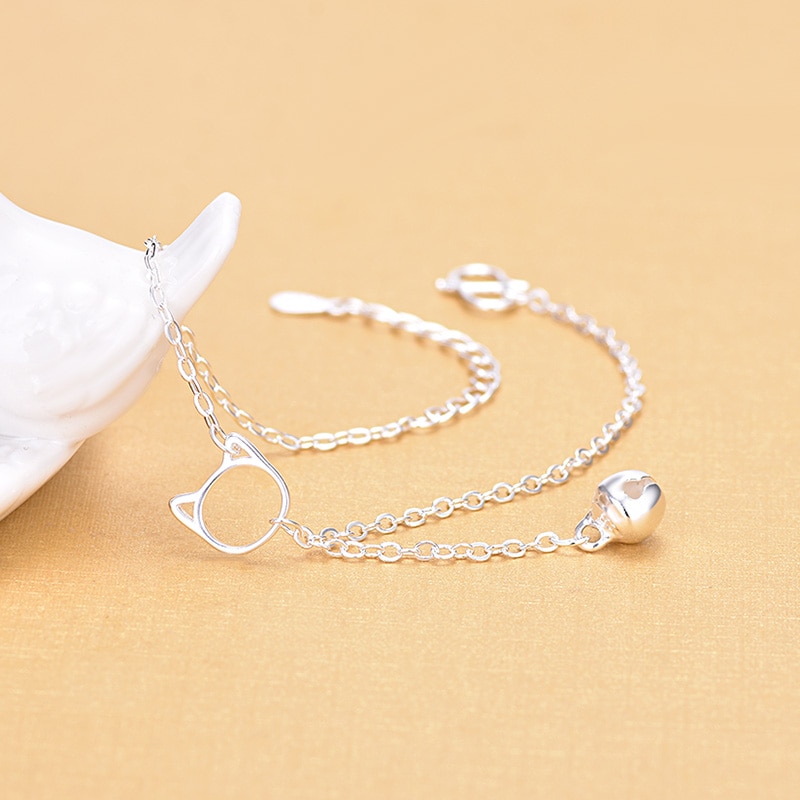 Real 925 Sterling Silver Link Chain Bracelets With Cat Bell Charm Bracelets Fine Jewelry