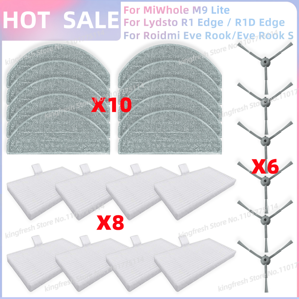 Compatible con Lydsto R1 Edge / R1D Edge, ILIFE V20, Laresar L10, MiWhole M9 Lite, Vyzzle D10, Roidmi Eve Rook / Eve Rook S Piezas Filtro HEPA Cepillo Lateral Trapo de Limpieza