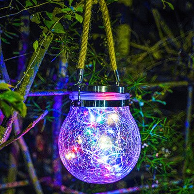 Sol led lampe sprekk hengende lys ball glass krukke lys utendørs hage dekorasjon tre lys kobbertråd lys julelys: Flerfarget