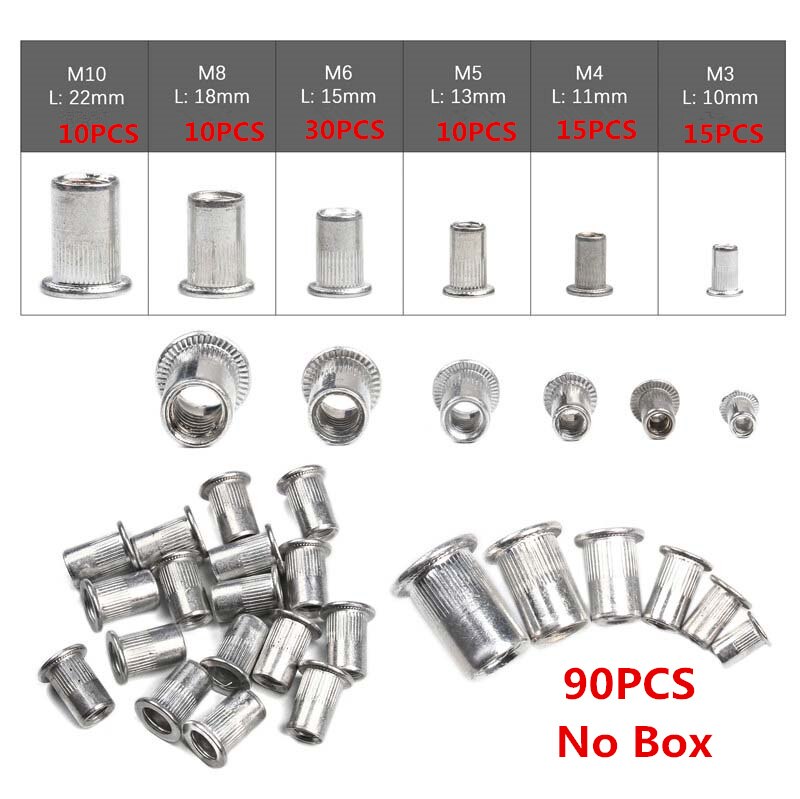 200Pcs Rivet Nut Aluminum Alloy Rivnut Flat Head Threaded Insert Nutserts Cap Rivet Nut Assortment Set for Automotive Furniture: 90pcs silver-bag