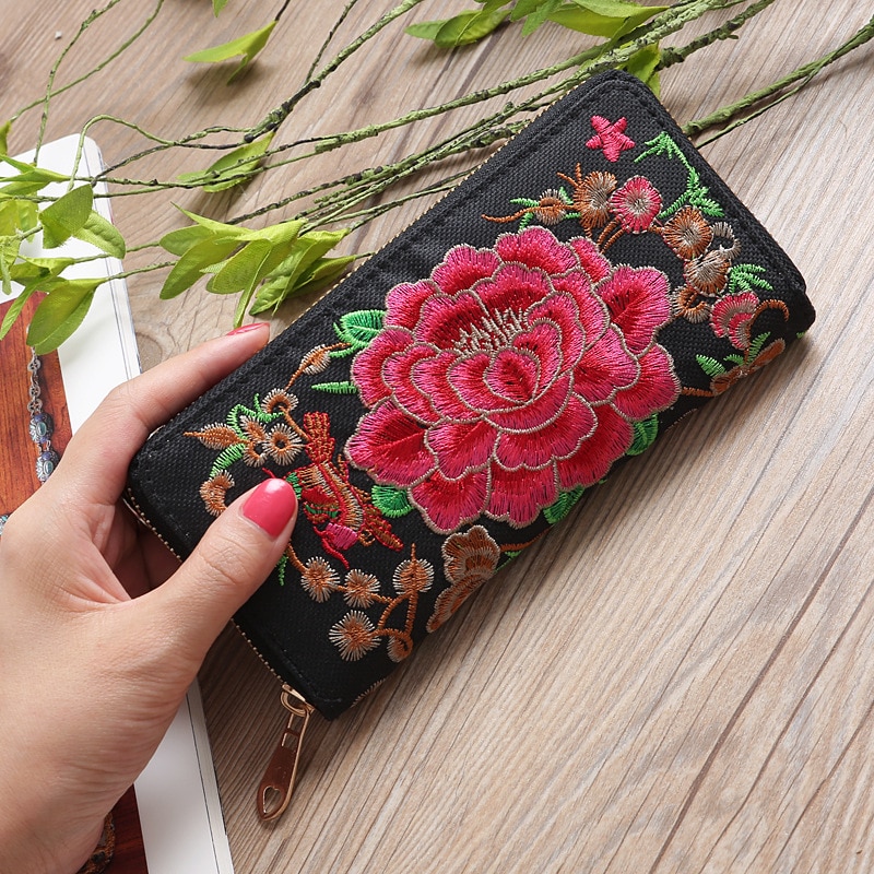 Ethnic Embroidery Flower Women Wallet Zipper Clutch Purse Handbag Bank Card Coin Pocket Credit Card Holder Phone Case Bag XB222