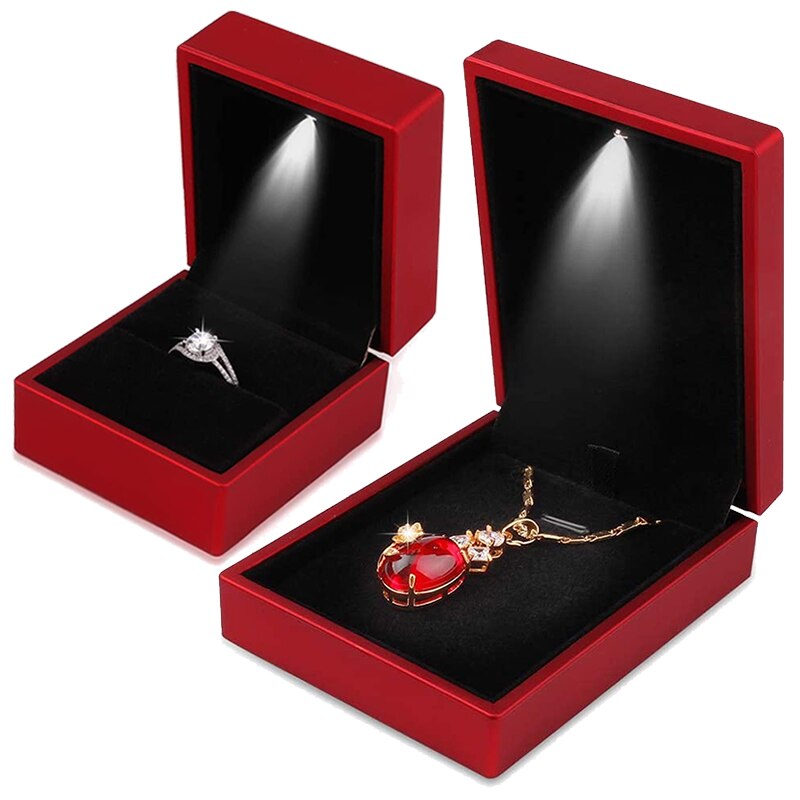 Led upplyst örhänge ring box vigselring lådor hänge halsband förvaringsfodral smycken display box födelsedag