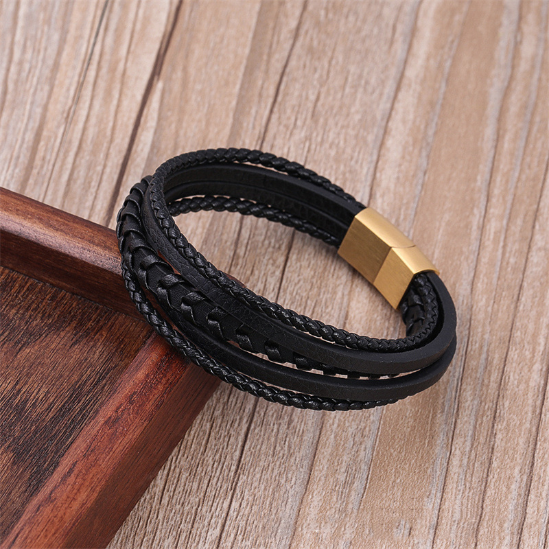 Lederen Mannen Armband Klassieke Roestvrij Staal Multi-layer Leren Armband Voor Mannen Sieraden: 3