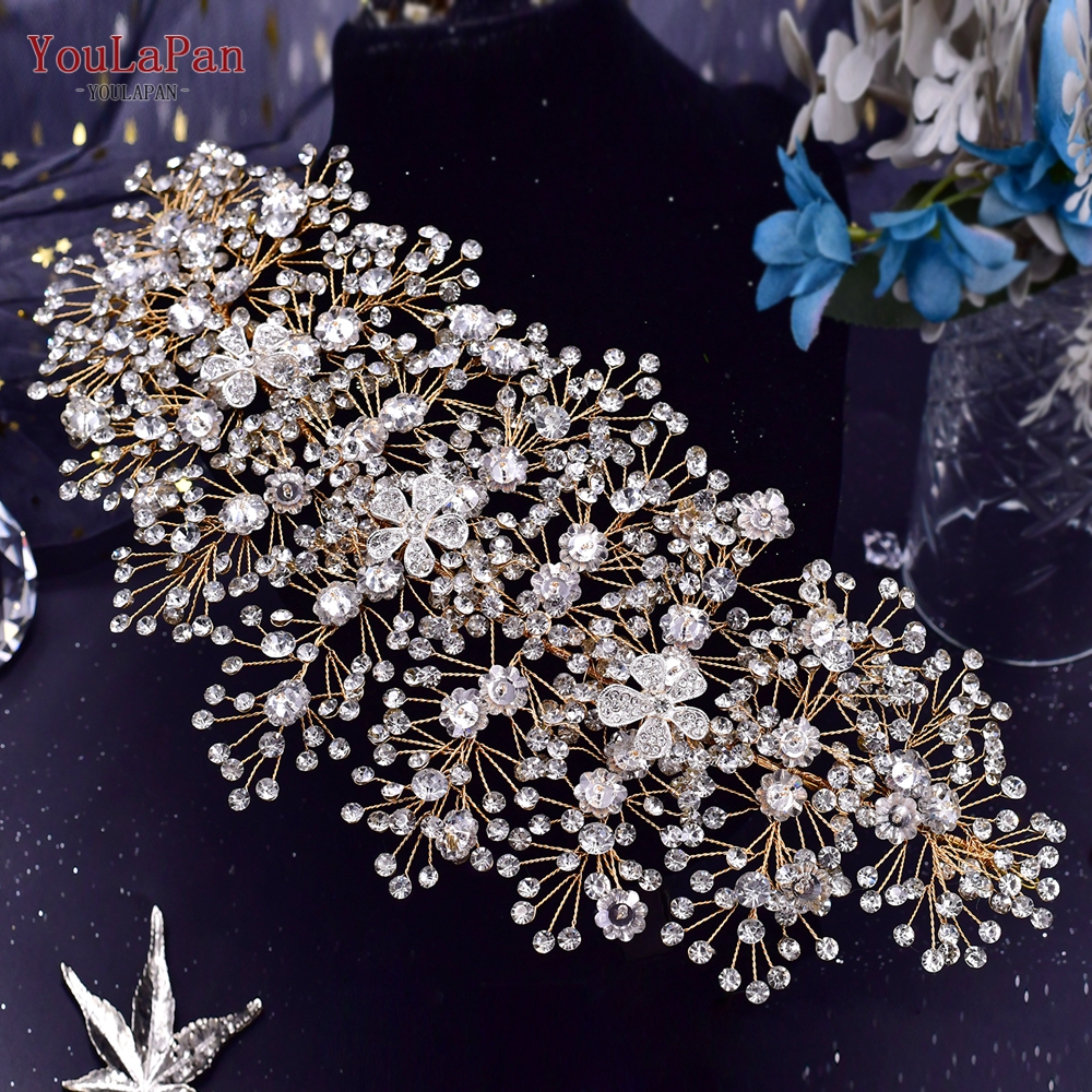 YouLaPan, diadema para la frente de la novia, tocados brillantes con diamantes de imitación para boda, mujer, de graduación, accesorios de joyería para la cabeza HP599: Color oro puro