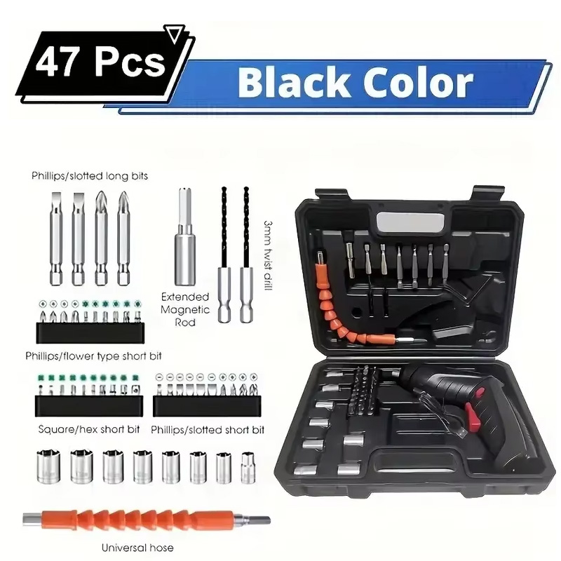 47 PCS 3.6V Electric Screwdriver Set 1800mAh Battery Powered Portable Cordless Electric Screwdriver Household Maintenance Power: Orange/Black