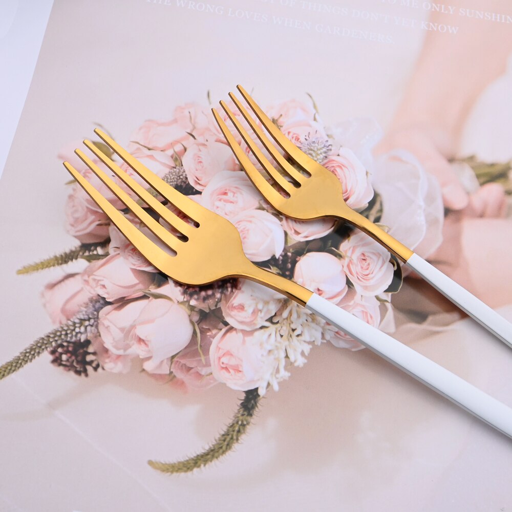 6Pcs White Gold Cutlery Set Stainless Steel Dinnerware Set Spoons Tableware Forks Cutlery Flatware Set Knives Spoons Mirror