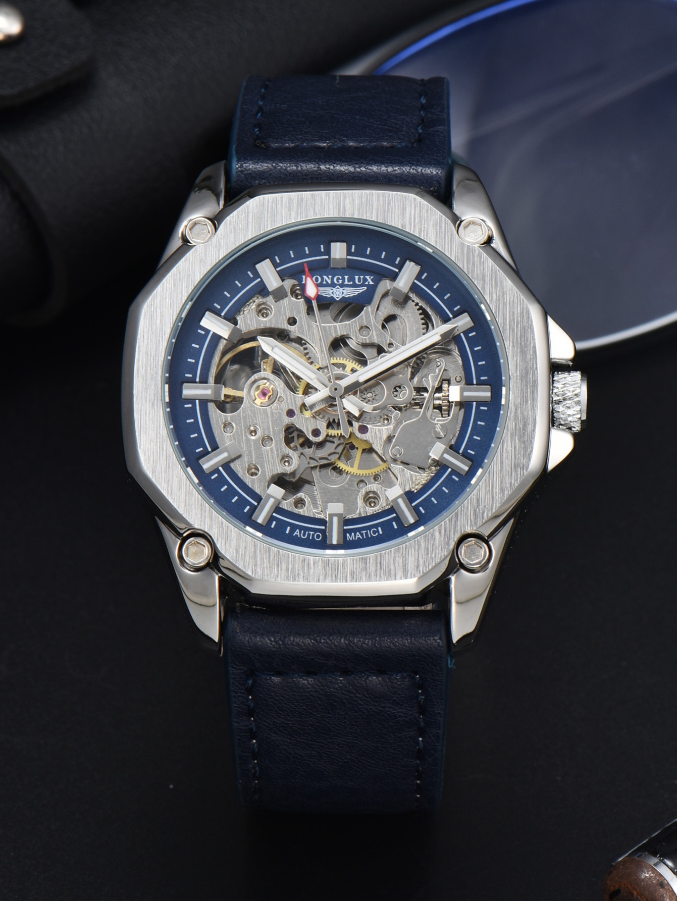 LONGLUX montre automatique sport style montres mécaniques creux en cuir hommes montre hommes: Bleu