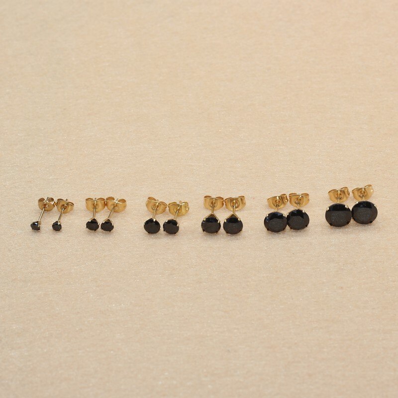 Size 3mm to 8mm 316L Stainless Steel Black Round Zircon Stud Earrings No Fade Allergy Free Brief Jewelry