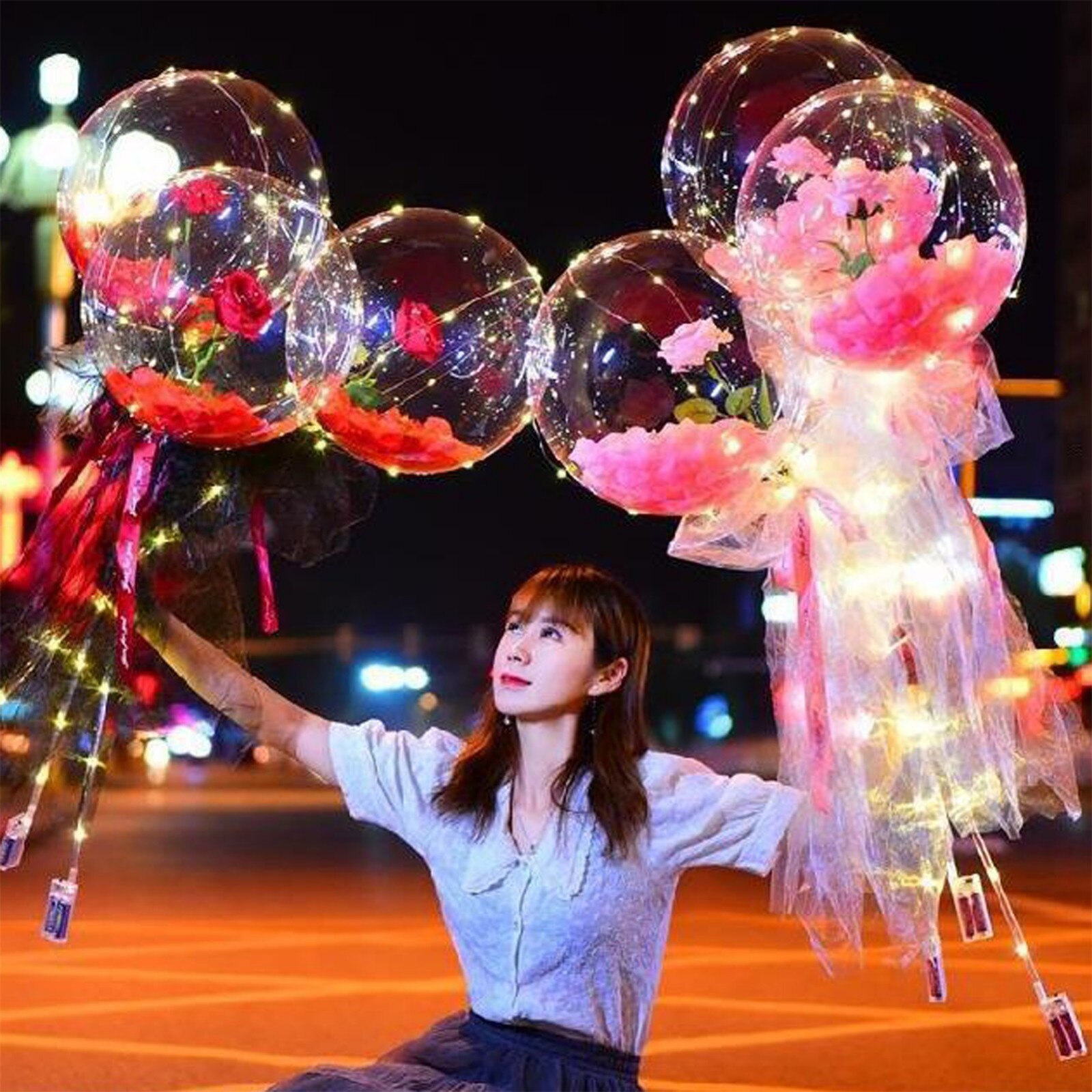 Led Luminous Balloon Rose Bouquet Valentines Day Transparent Bobo Ball Rose Birthday Party Wedding Decoration Balloon#p30