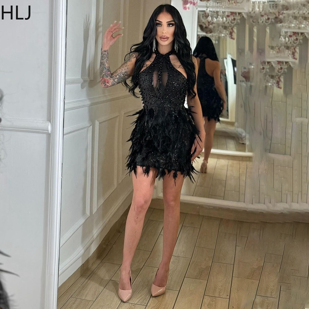 Hlj sexet mesh splicing pailletter fjer bodycon festklubkjole kvinder rund hals ærmeløs slank vestidos kvindeligt aftentøj