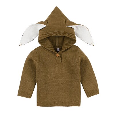 Newborns Hooded Sweater with Ears Baby Boys Girls Solid Knitted Pullover Winter Warm Crochet Long Sleeve Tops Clothes 3-24M A20: Brown / 24M