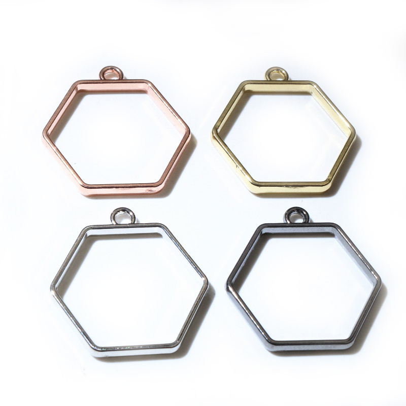 10 unidades, bandeja colgante de resina epoxi hexagonal de 29x28mm con marco metálico hueco de aleación de Zinc para accesorios de fabricación de joyas DIY