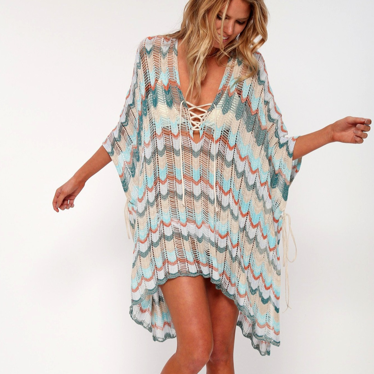 Cotton Crochet Tunic Mini Dresses Women Cover Up Bikini Sexy Hollow Out Deep V Neck Lace-Up Summer Vestidos Boho Beach Robe