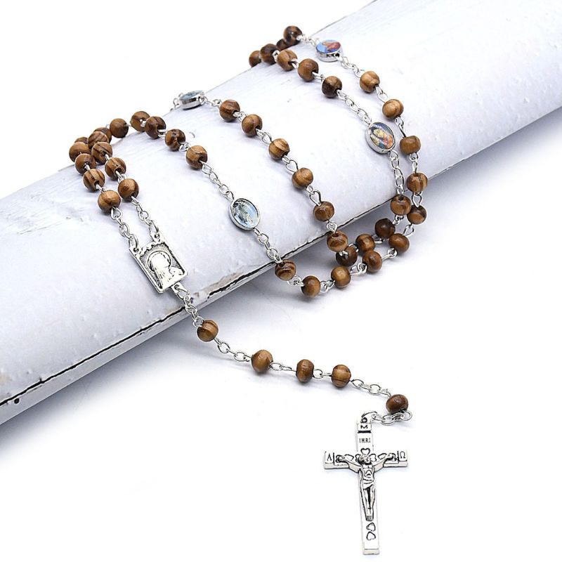 Handgjorda runt trä radbandspärlor kors religiös jesus halsband kristna män kvinnor yoga smycken berlocker