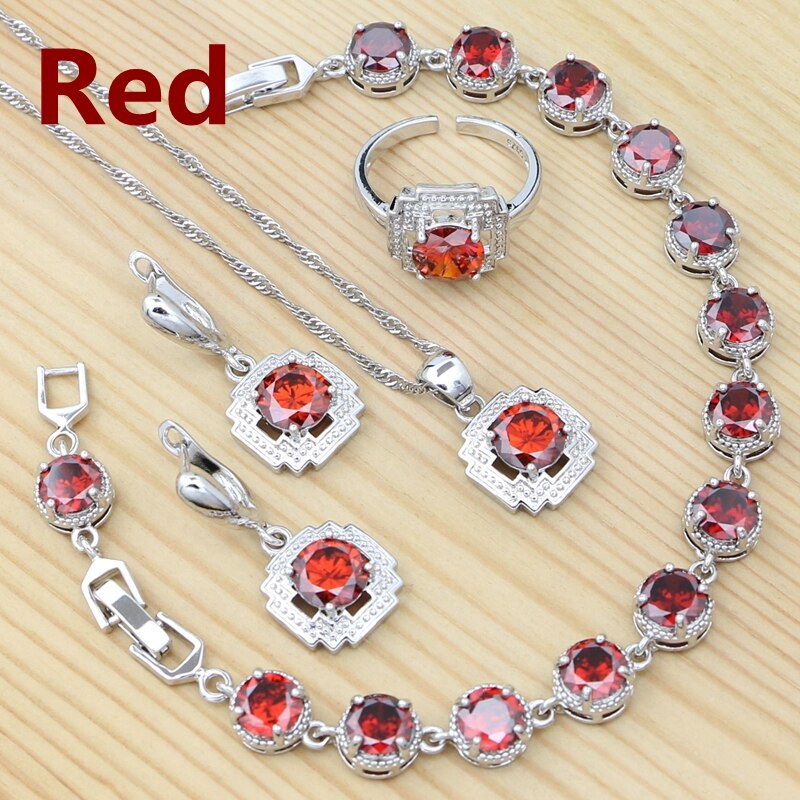 Conjunto de joyería de plata 925 para mujer, anillo redondo rojo granate, pendientes, pulsera, colgante, cadena, joyería cuadrada: Rojo