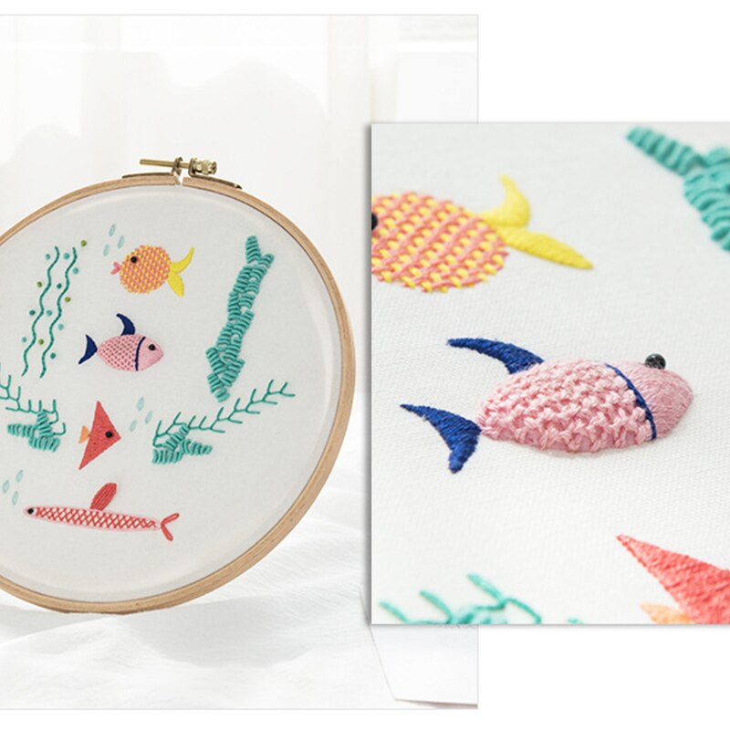 Paquete de materiales de bordado DIY, Kits de bordado con patrones de dibujos animados en 3D de peces, bastidor para bordar, suministros de costura de punto de cruz