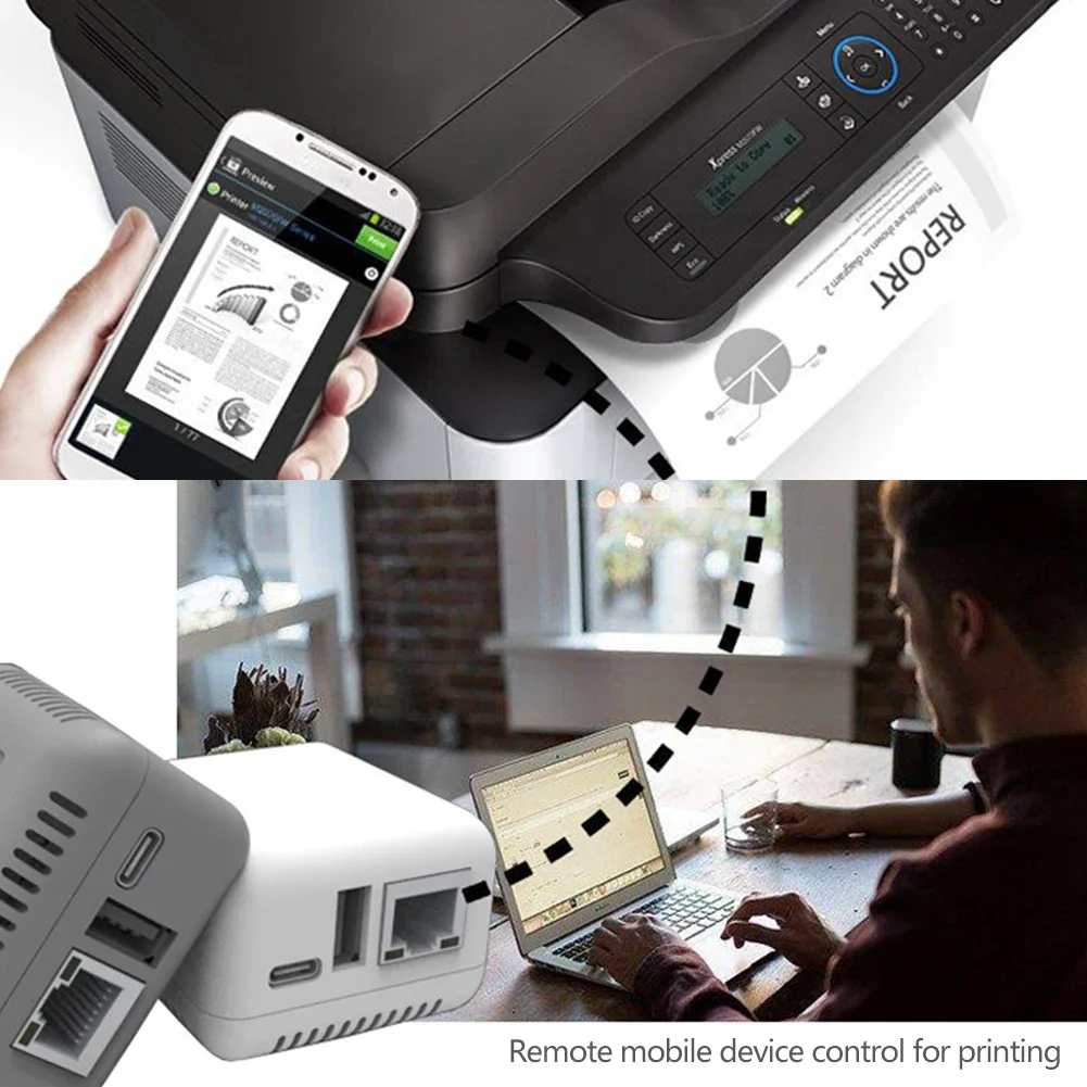 Draadloze Printserver - 2 Poorts USB Type-C - WiFi Netwerkadapter voor USB Printers - Compatibel met Windows, iOS, Android