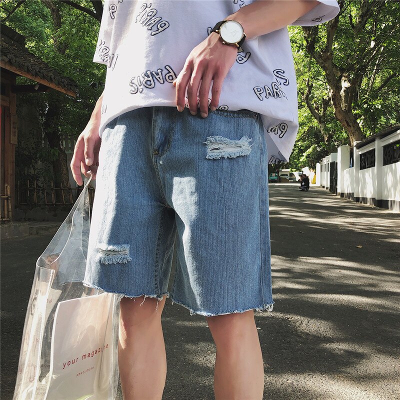 Harajuku sommer menn fritidsshorts denim herre kort hull rett løs tynn knapplomme mannlig koreansk stil trendy