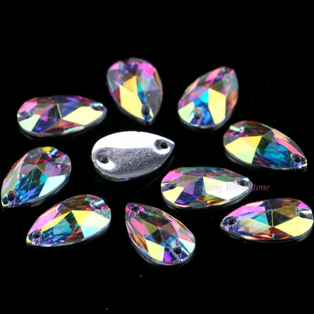 Teardrop Vorm Drie Size Crystal AB/Transparant AB Kleur Sew On Resin Rhinestones Met Twee Gaten Flatback Stones