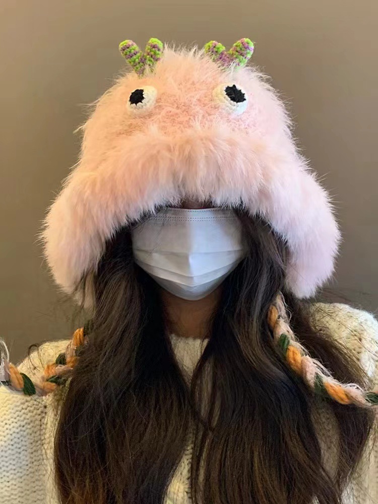 Little Monster Cap Cartoon Harige Hoed Warme Wollen Feest Outdoor Mode Schattig Zoet Reizen Meisje Hart Herfst Winter Dames: Black