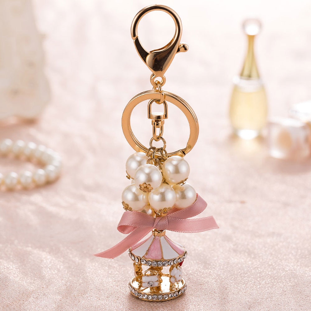 Carousel Keychain Women Pendant For Handbag Bag Exquisite Pearl String Carousel Car Key Chain Girls Bag Car Strap Pendant