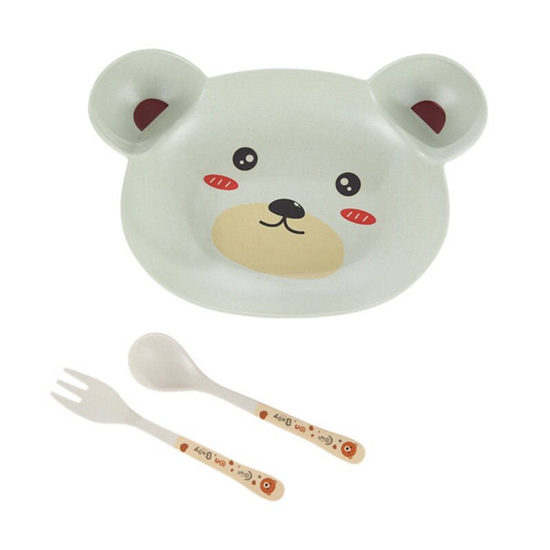 3 Stks/set Milieuvriendelijke Bamboe Fiber Baby Gerechten Animal Bear Servies Set Voor Kids Peuter Servies Voeden Vork Lepel Plaat: B