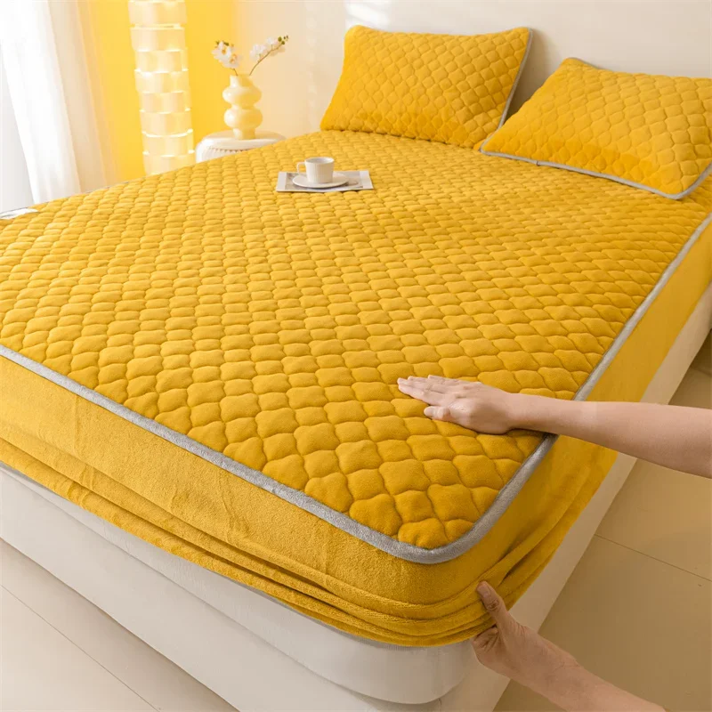 Super dikke fleece warme matrashoes All-inclusive pluizig gewatteerd hoeslaken Effen kleur matrasbeschermer voor de winter: Bed 180 / YELLOW