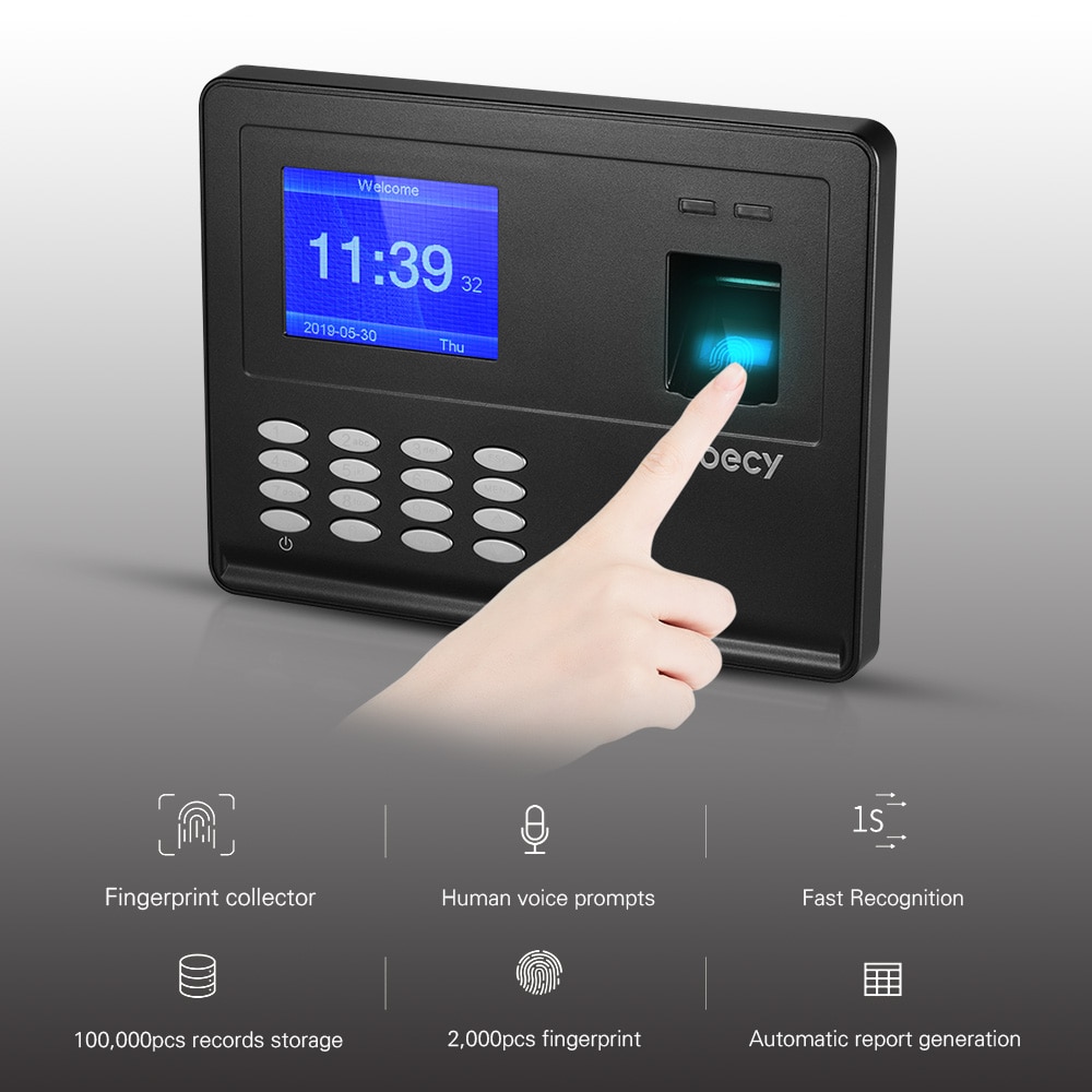 Aibecy Biometric Fingerprint Password Time Attendace Machine Employee Checking-in Time Clock Recorder Reader