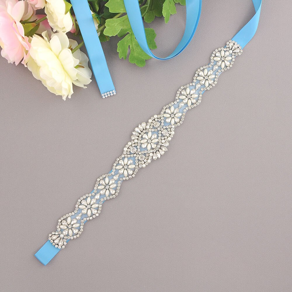 S161-S Luxe Bruid Jurk Riemen Met Strass Bruids Bruiloft Accessoires Riem Voor Vrouwen Trouwjurk Parel Riem Formele Riemen: Blue