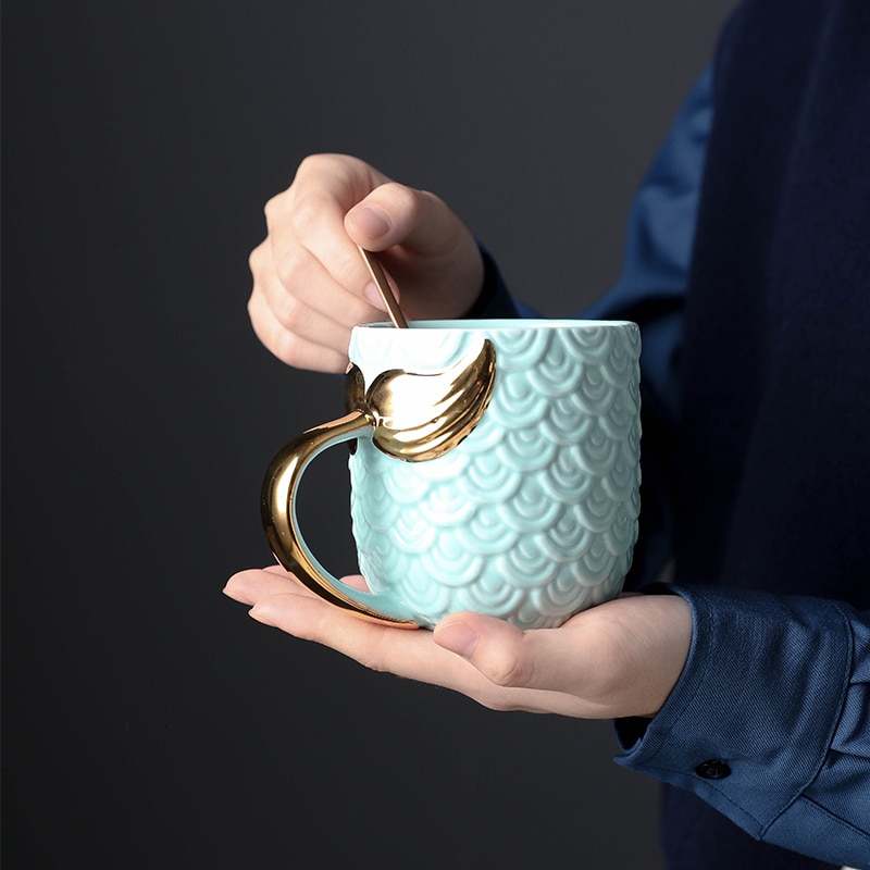 Gull kaffekrus havfrue keramisk kopp morgen melk kopp reise krus te kopp jul til kjæreste servise dekor