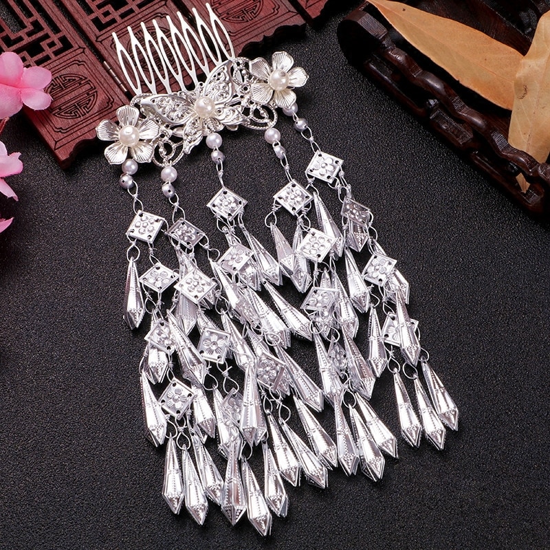 Hanfu-coiffure rétro, accessoires pour cheveux longs multicouches, petits bijoux, frange fraîche, Imitation argent Miao, peigne